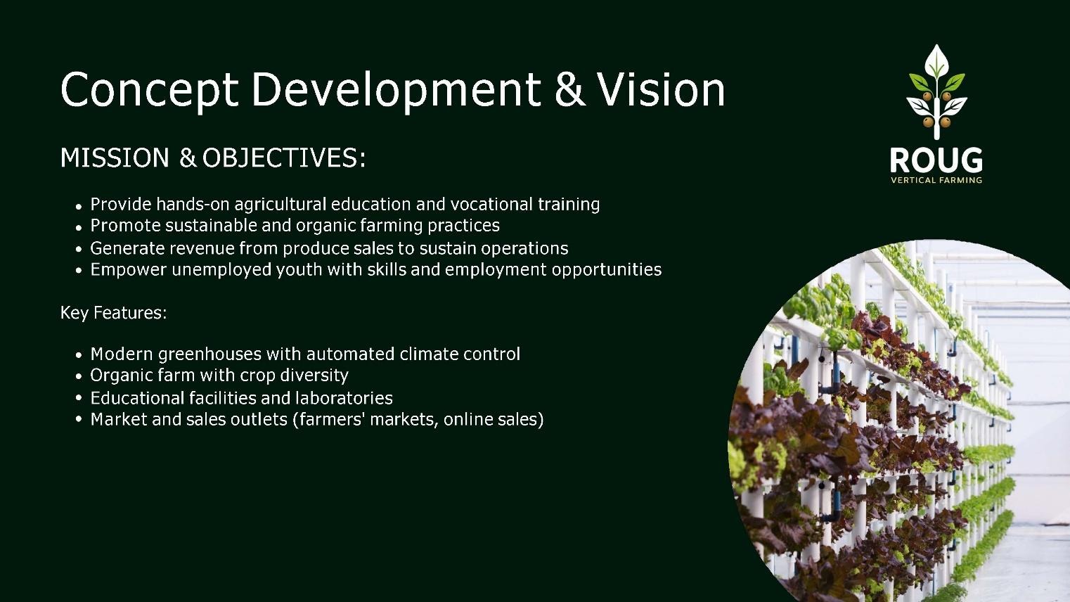 ROUG Vocational Academy Presentation: Strategic agricultural exports, hands-on training, and greenhouse automation parameters.